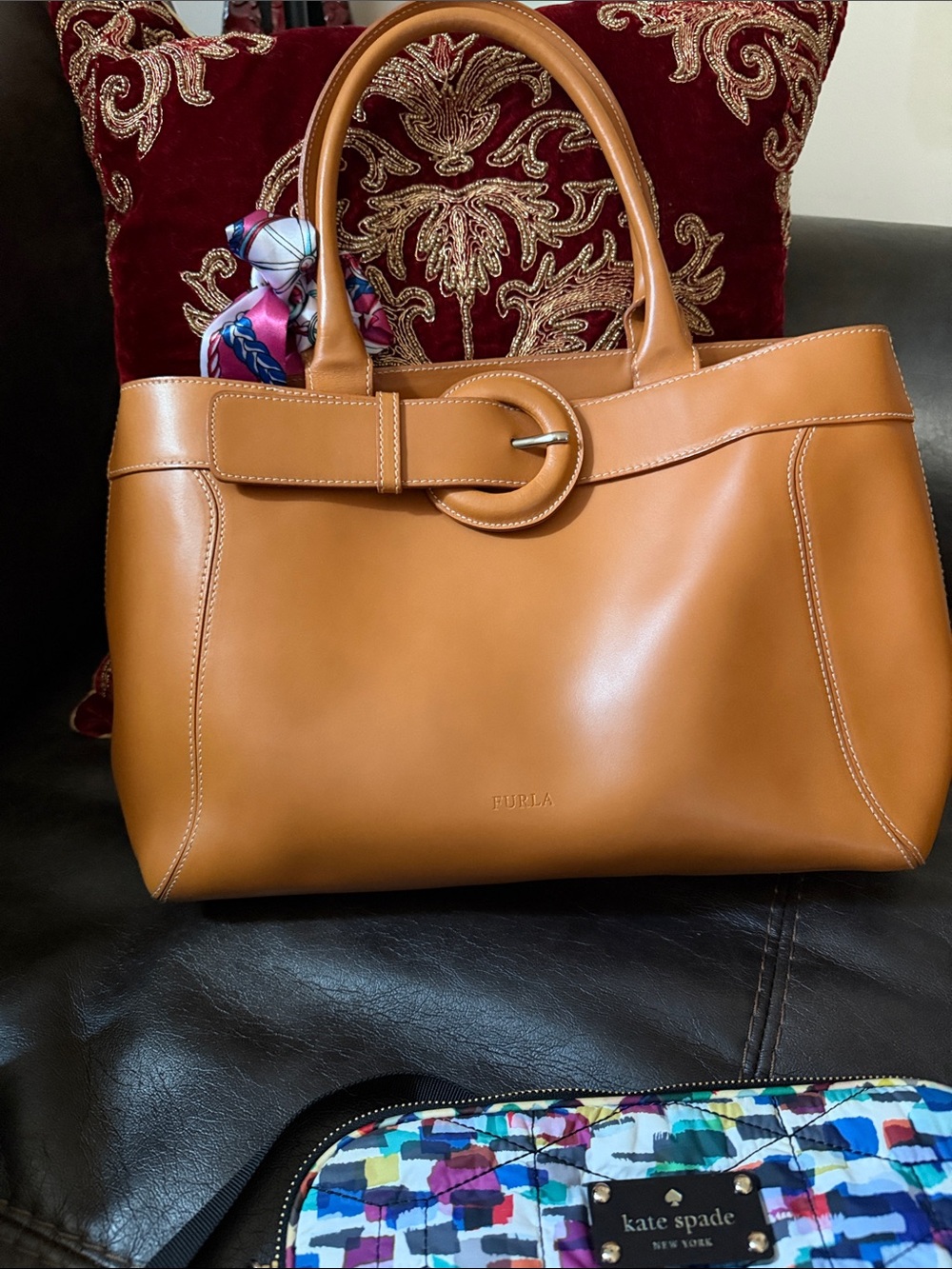 Furla Camel Tan Leather Tote with Circular Belt Accent - Picture 8 of 13